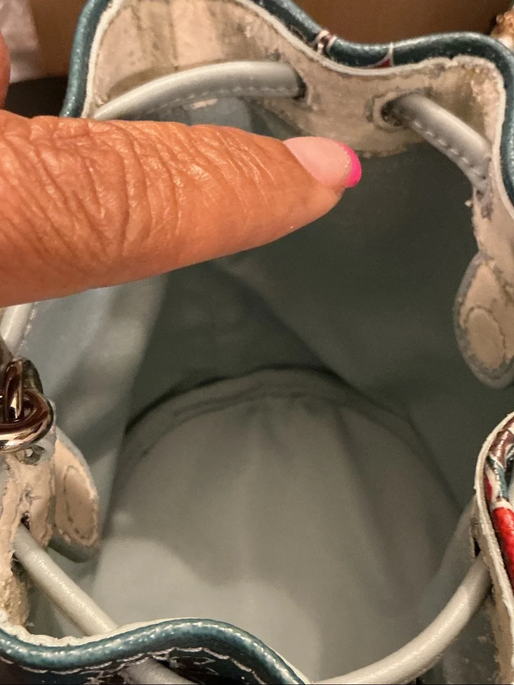 Coach Teal Floral Mini Drawstring Bucket Bag (rim has wear)